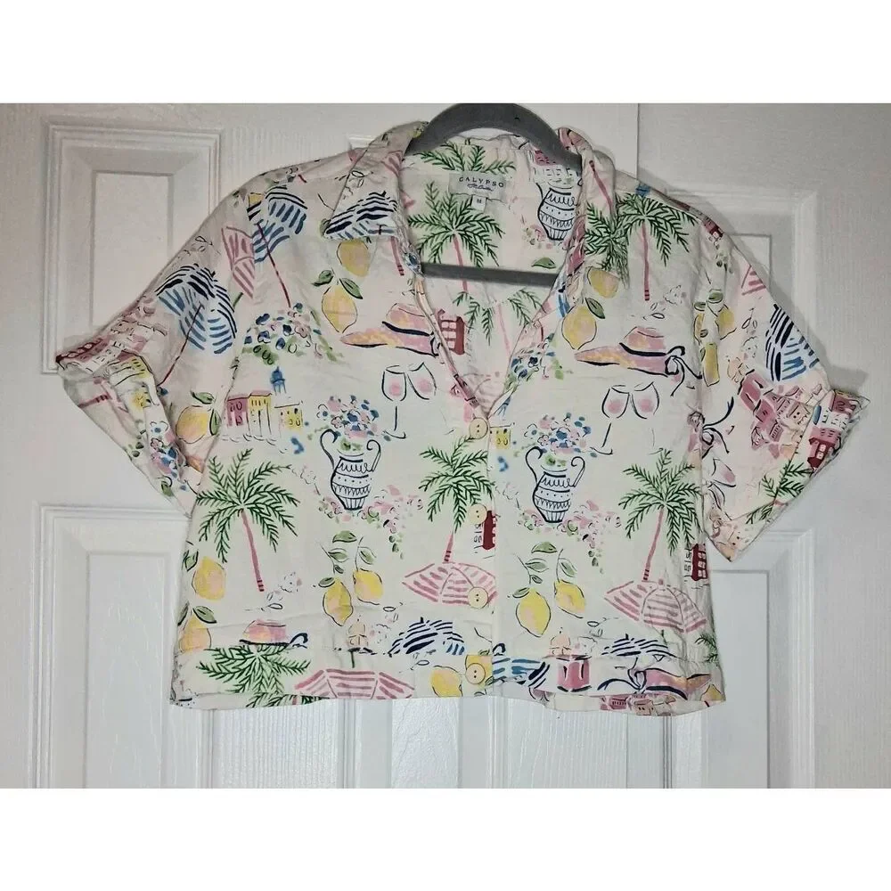 Calypso st Barth womens medium linen boxy crop top cream green Hawaiian beach